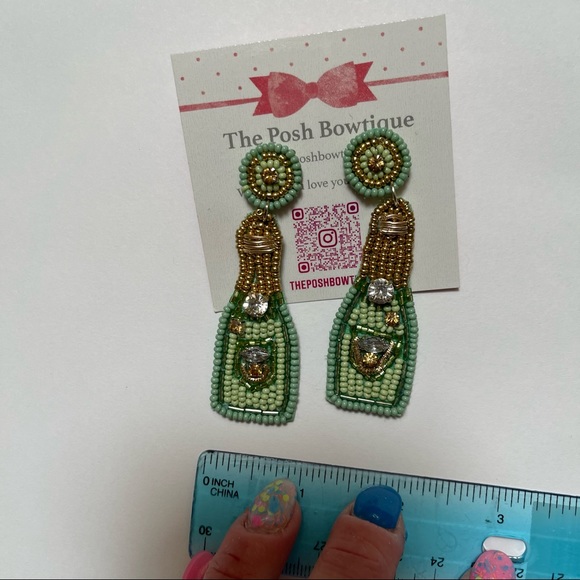 Mint Green Seed Beaded Champagne Bottle Statement Drop Earrings - Picture 6 of 11